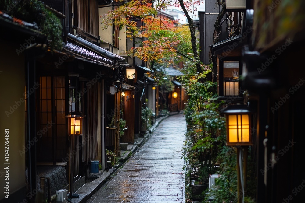 Serene alleyway in a traditional town, illuminated by lanterns and surrounded by autumn foliage. Serene alleyway in a traditional town, illuminated by lanterns and surrounded by autumn foliage.