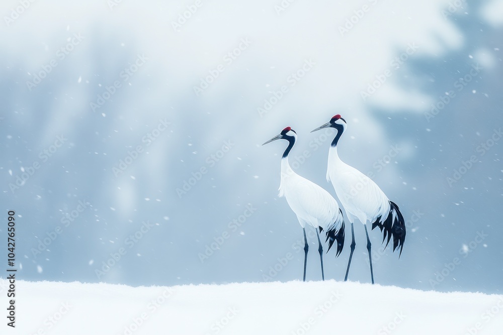 Obraz premium Two elegant cranes standing in a snowy landscape, creating a serene winter scene.