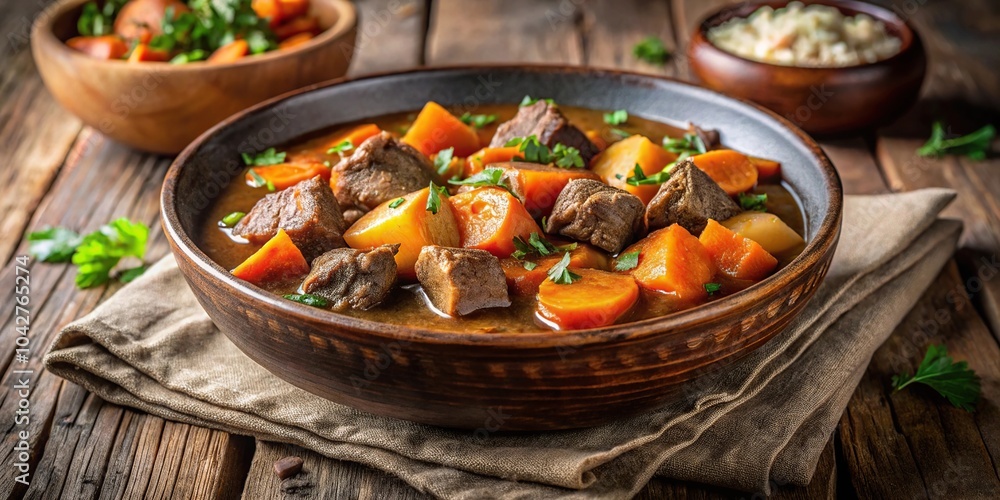 Delicious beef stew with sweet potatoes in rustic bowl Delicious beef stew with sweet potatoes in rustic bowl
