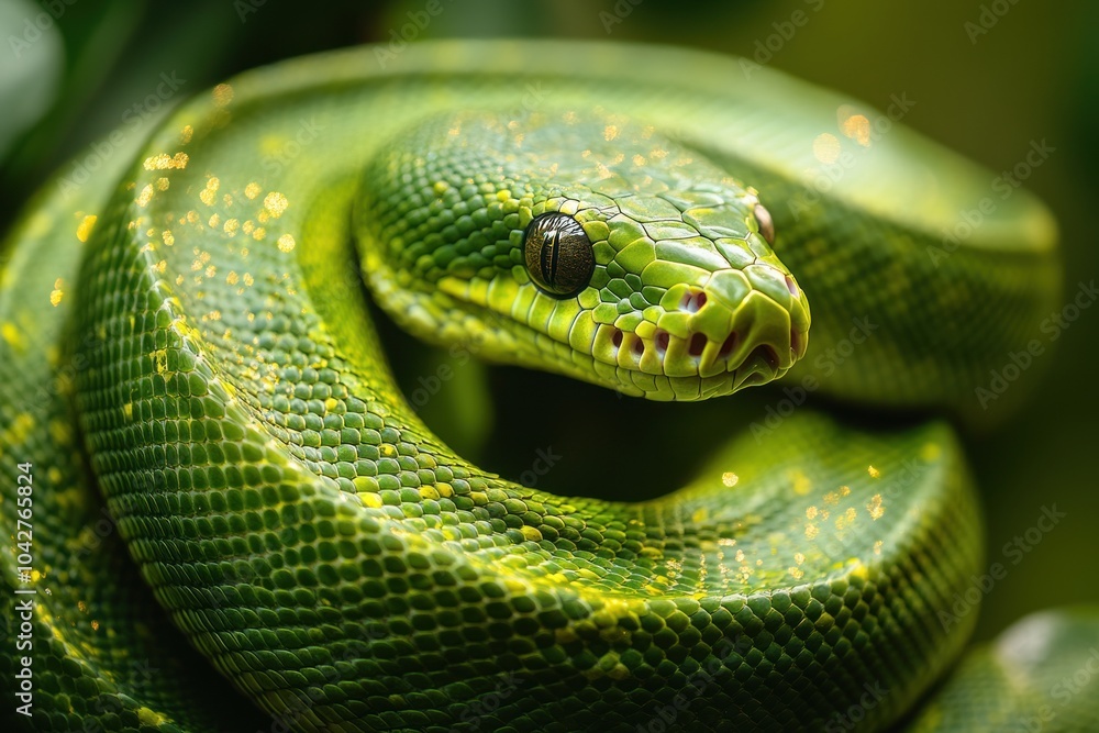 A close-up of a vibrant green snake, showcasing its scales and facial features. A close-up of a vibrant green snake, showcasing its scales and facial features.