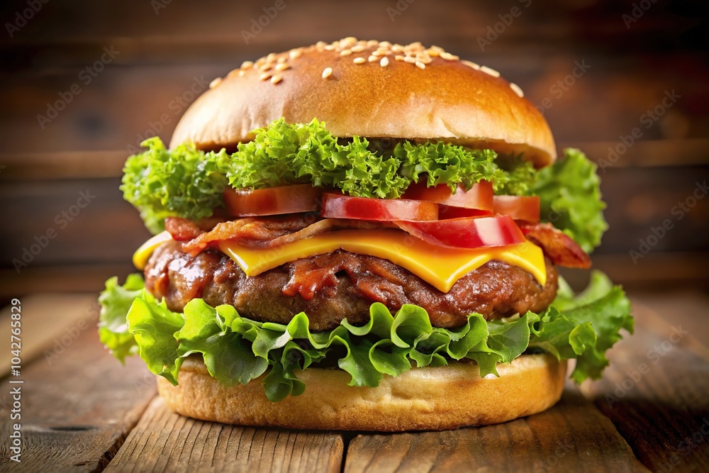 Delicious cheeseburger with bacon and lettuce Delicious cheeseburger with bacon and lettuce