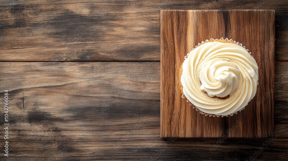 A beautifully frosted cupcake on a wooden board, inviting for a sweet treat. A beautifully frosted cupcake on a wooden board, inviting for a sweet treat.