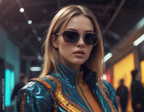 blond woman in shiny blue jacket and sunglasses standing in a hallway. photo