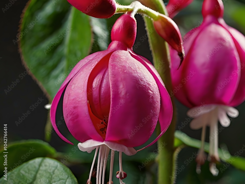 Fototapeta premium Beautiful and charming fuchsia pink flowers photographed from close range in the garden next to the house