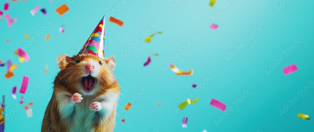 A cheerful hamster wearing a party hat amidst colorful confetti, celebrating a festive occasion. A cheerful hamster wearing a party hat amidst colorful confetti, celebrating a festive occasion.