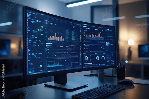 A modern office desk with a large curved monitor displaying graphs and data.