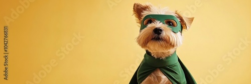 A dog dressed as a superhero with a cape and mask against a yellow background. photo