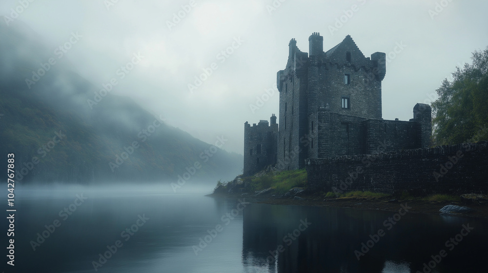 A historic Scottish castle overlooking a misty loch, showcasing detailed stone textures. v3 A historic Scottish castle overlooking a misty loch, showcasing detailed stone textures. v3