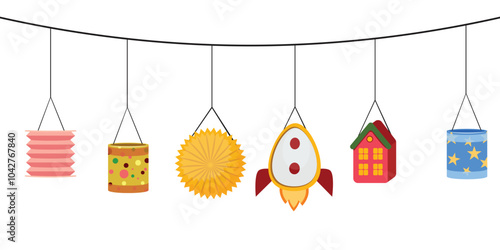 Bright St. Martin lanterns hanging, showcasing designs like rockets, houses, suns, and stars