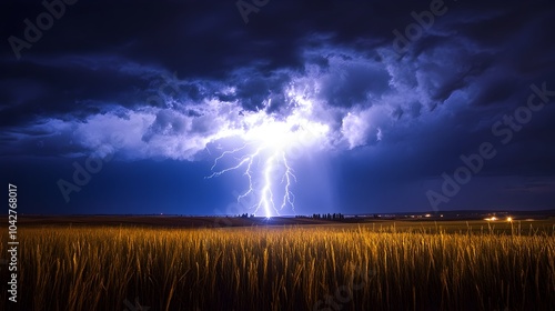 Dramatic Storm with Powerful Lightning Bolt Illuminating Countryside Landscape