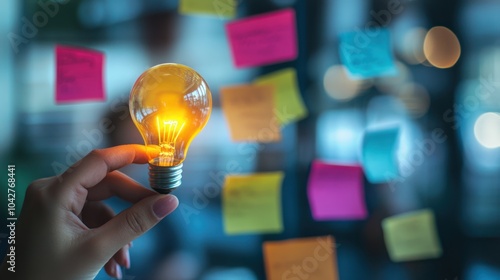 A hand holding a glowing light bulb in front of colorful sticky notes, symbolizing ideas.