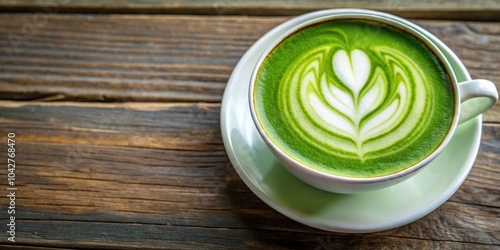 Delicious matcha latte with green foamy art viewed from high angle photo