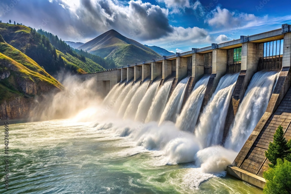Hydroelectric dam generating electricity with mountains in background Hydroelectric dam generating electricity with mountains in background