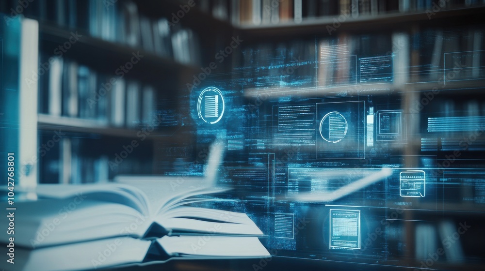 Fototapeta premium An open book with digital overlays, symbolizing the fusion of traditional and digital knowledge.