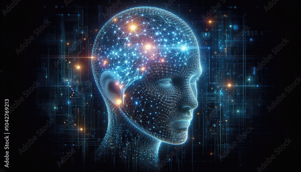 Obraz premium Futuristic AI Concept: Digital Human Head Composed of Neural Networks, Glowing Nodes, and Data Patterns, Representing Deep Learning, Machine Intelligence, and Technological Innovation