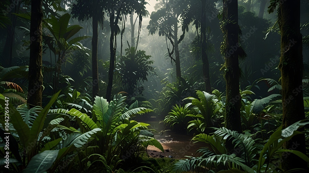 Naklejka premium Lush and Verdant Rainforest Path Through Canopy of Tropical Foliage