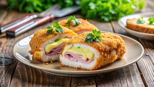 Delicious plate of chicken cordon bleu with ham and cheese on wooden table close-up