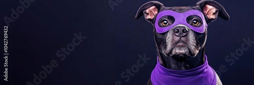 A dog wearing a purple mask and cape, posing confidently against a dark background.