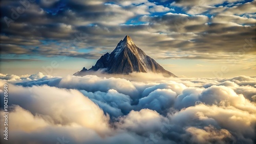 Hyper realistic photo of a mountain tip peeking through the clouds, using forced perspective