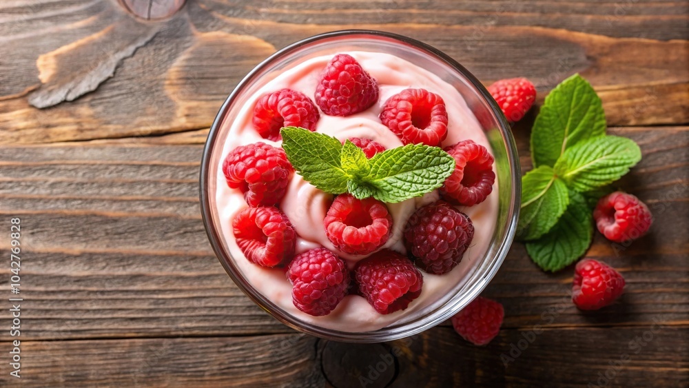 Delicious raspberry cream dessert from above with aerial view Delicious raspberry cream dessert from above with aerial view