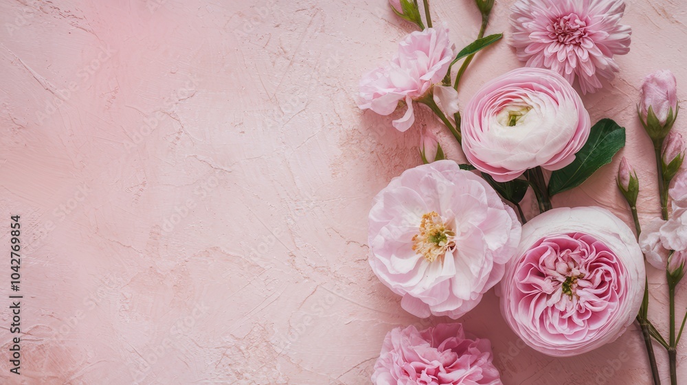 Floral Arrangement with Pink Peonies and Green Branch on Textured Surface Floral Arrangement with Pink Peonies and Green Branch on Textured Surface