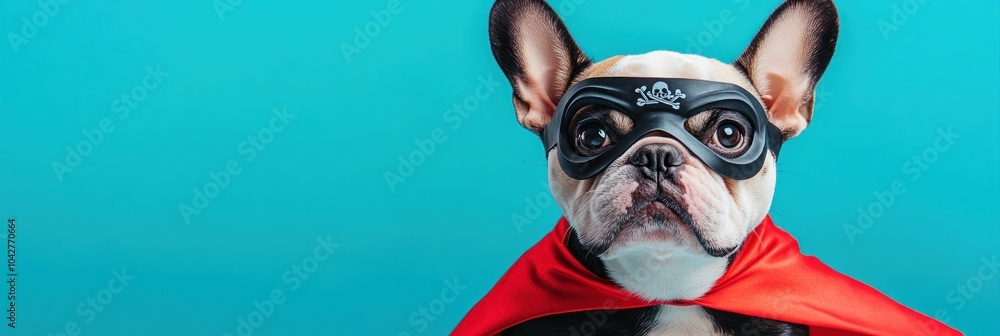 A dog dressed as a superhero with a mask and cape against a bright blue background. A dog dressed as a superhero with a mask and cape against a bright blue background.