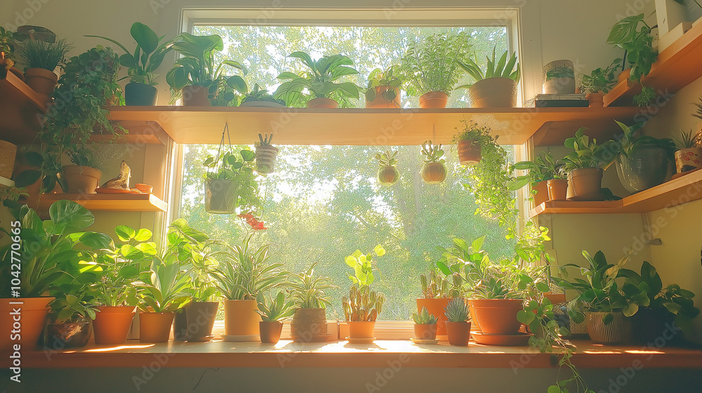 Sunlit window sill adorned with lush, vibrant house plants; cascading vines, potted succulents, and blooming flowers. Soft natural light casting gentle shadows, Sunlit window sill adorned with lush, vibrant house plants; cascading vines, potted succulents, and blooming flowers. Soft natural light casting gentle shadows,