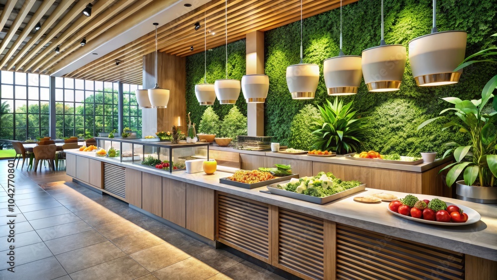 Fototapeta premium Modern Architectural Salad Bar with Fresh Ingredients, Stylish Design, and Natural Lighting - A Culinary Delight in Urban Settings for Food Photography Lovers