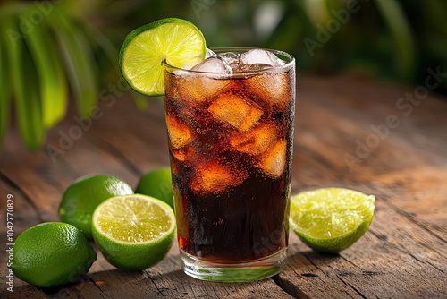 Refreshing Glass of Cola with Lime Wedges and Ice photo