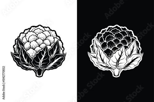 Whole Cauliflower Icon Silhouette. Editable Stroke with Reflection on Black and White