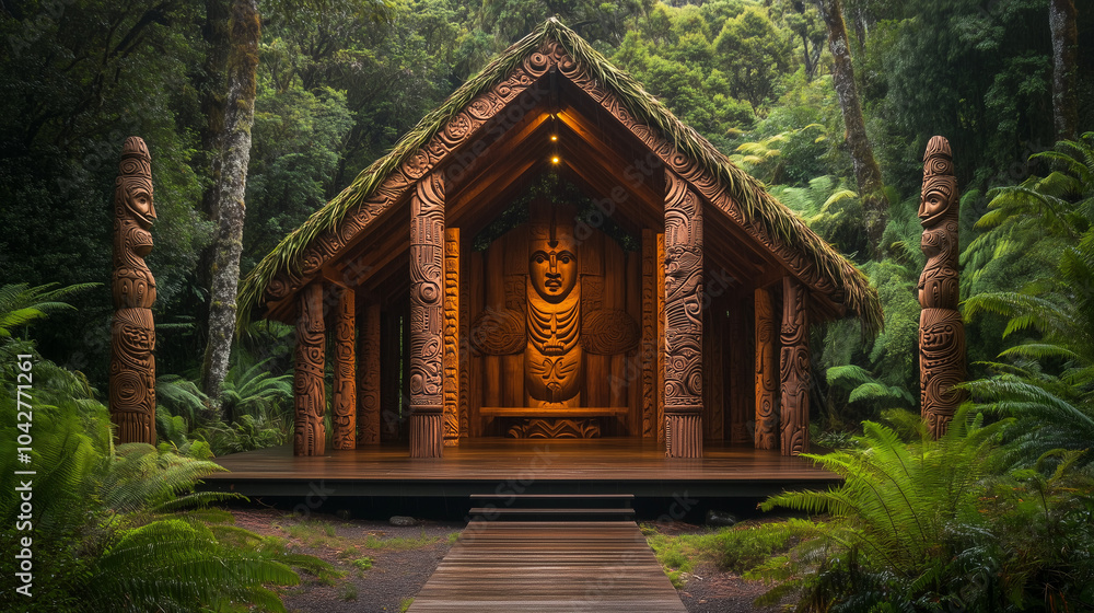Fototapeta premium A traditional Maori meeting house adorned with intricate carvings, surrounded by lush greenery. v3