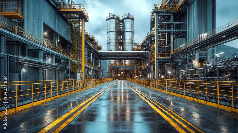 A large industrial plant with a long, empty road in front of it A large industrial plant with a long, empty road in front of it