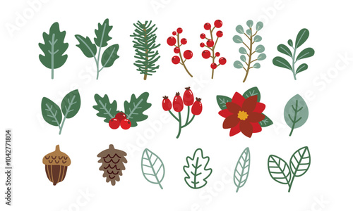 Set of Christmas holly leaves, Christmas decorations, Winter branches and leaves, Christmas elements for design card label packaging . icons vector illustration