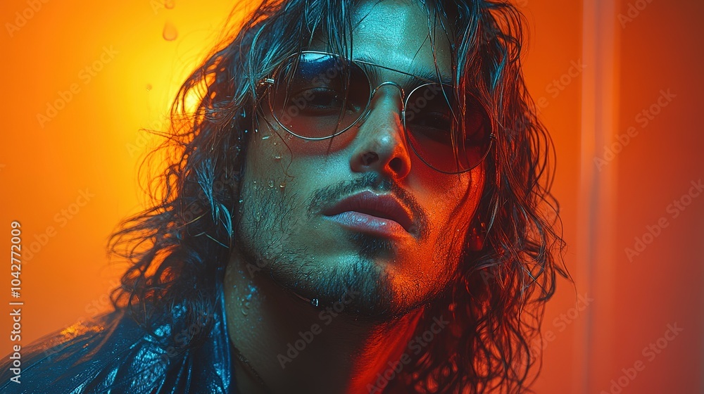Close-up Portrait of a Man with Wet Hair and Sunglasses under Neon Lighting Close-up Portrait of a Man with Wet Hair and Sunglasses under Neon Lighting