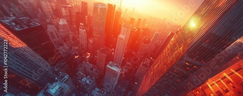 A drone capturing cinematic footage, flying through city skyscrapers at sunset photo