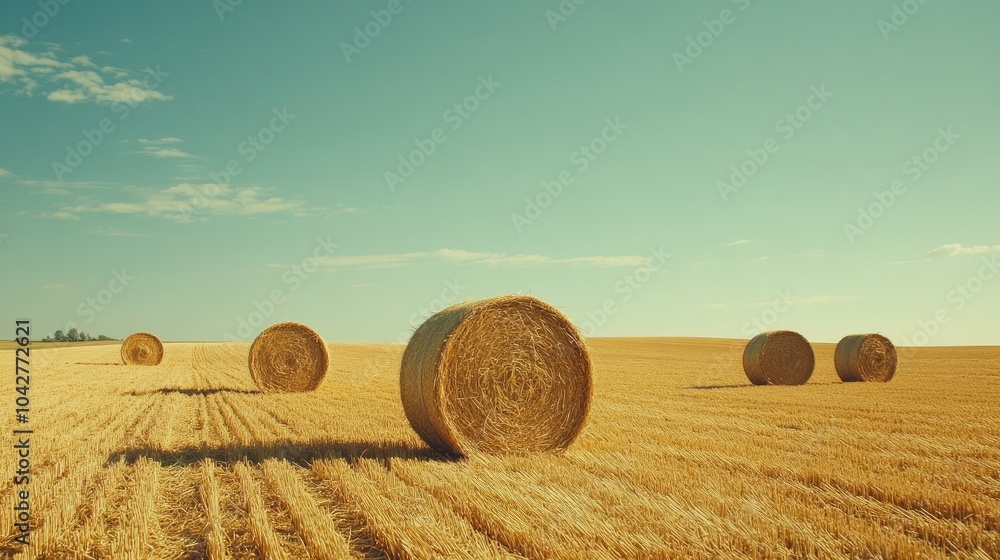 Fototapeta premium Golden hay bales in a vast harvested field, set against the clear summer sky, showcasing the results of a successful harvest.
