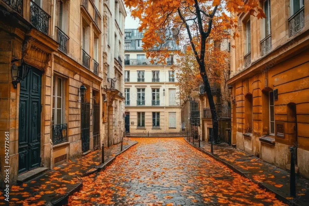 Fototapeta premium A serene autumn street lined with fallen leaves and charming architecture.