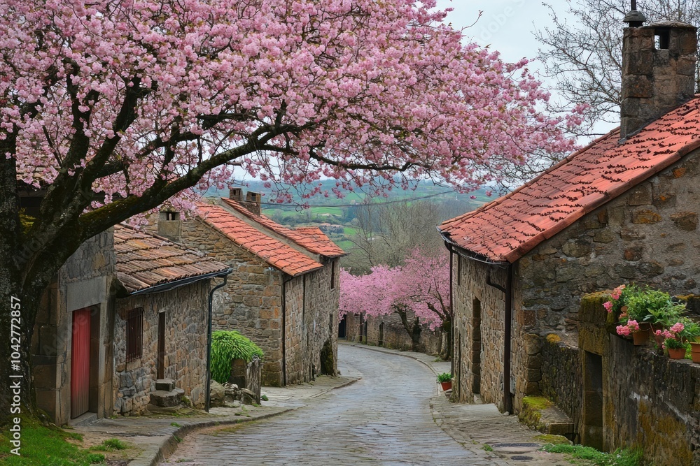 A picturesque village street lined with blooming cherry trees in spring. A picturesque village street lined with blooming cherry trees in spring.