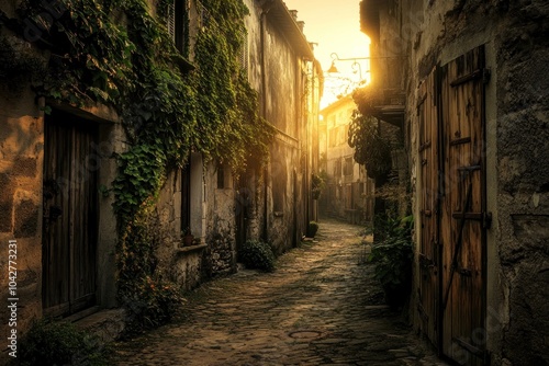 A serene alleyway bathed in golden light, lined with ivy-covered walls and rustic doors.