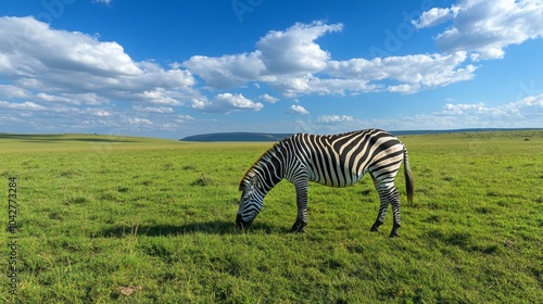 A zebra is grazing in a field of grass