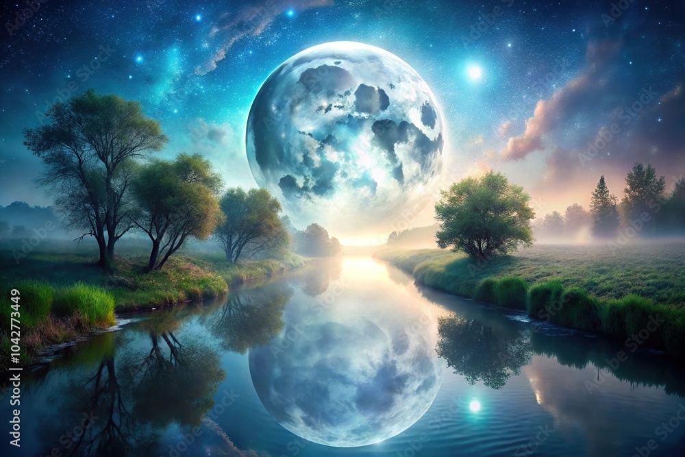 description: A mesmerizing mystical landscape of a floating moon with a glowing river and ethereal atmosphere description: A mesmerizing mystical landscape of a floating moon with a glowing river and ethereal atmosphere