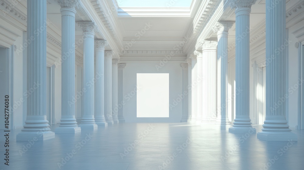 Obraz premium A serene, spacious interior with columns and a blank wall, suggesting a gallery or exhibition space.