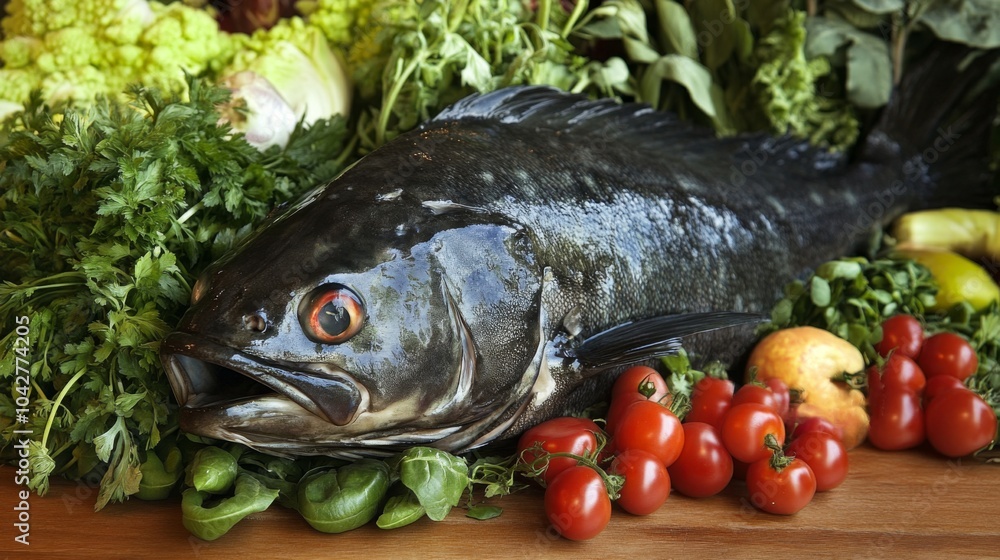 Fresh Fish Surrounded by Vibrant Greenery and Vegetables Fresh Fish Surrounded by Vibrant Greenery and Vegetables