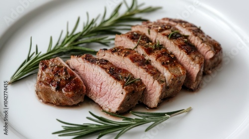 A beautifully plated, sliced steak garnished with fresh rosemary on a white plate.