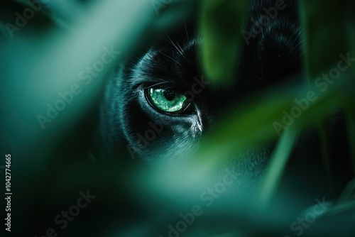 A close-up of a black panther's striking green eye peering through lush foliage.