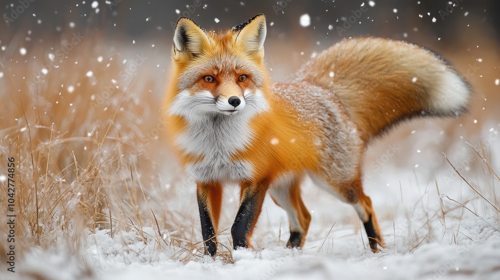 Obraz premium Red fox standing in the snow while snowing