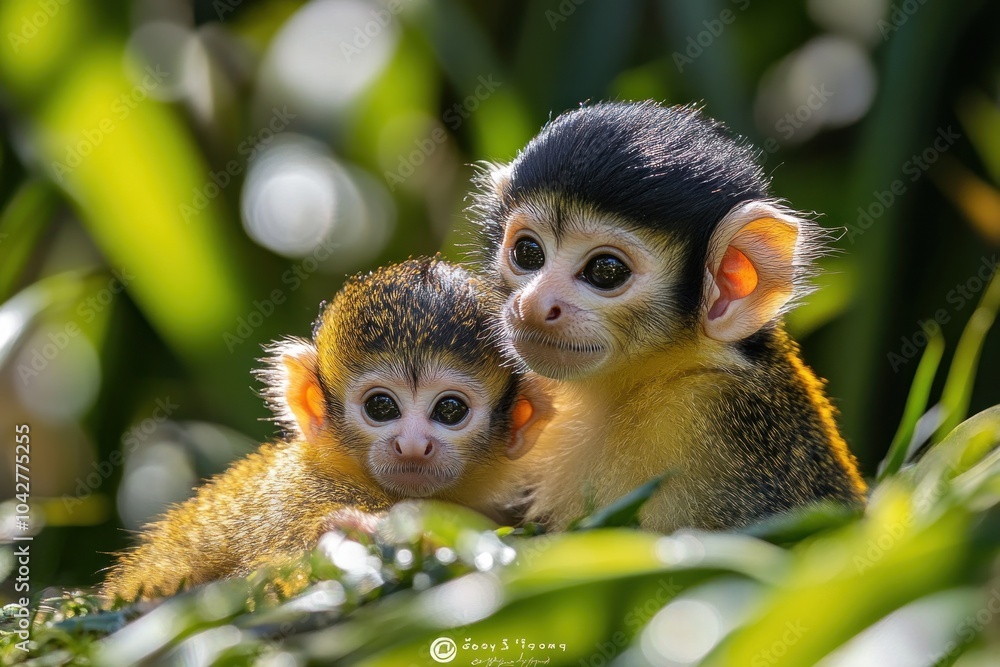 Obraz premium Two adorable monkeys sitting closely together in a lush green environment.