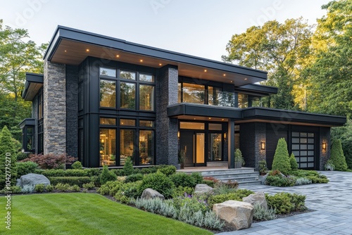 Modern luxury home exterior with fall foliage surrounding entrance