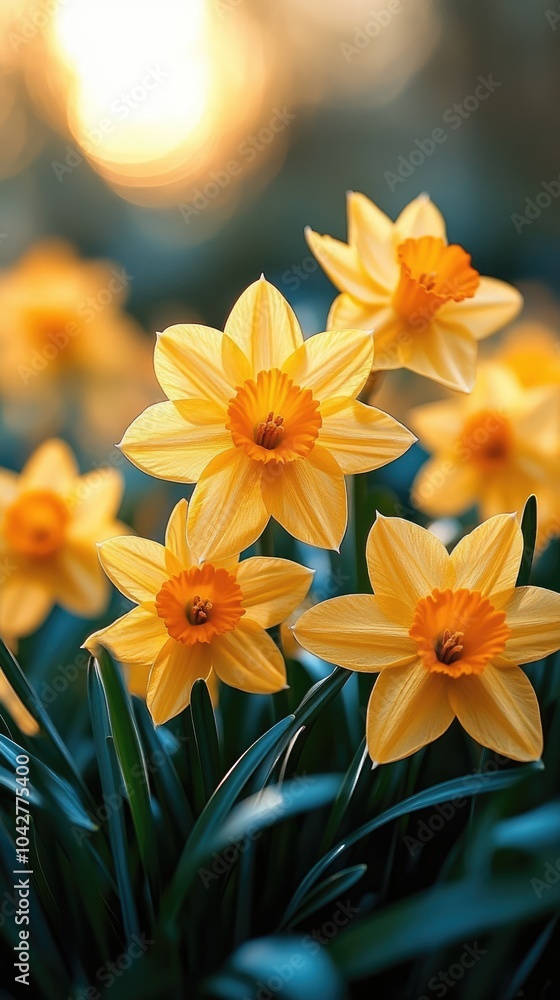 Obraz premium Yellow narcissus flowers blooming in spring garden