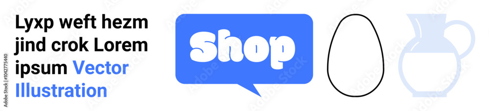 Rectangle with blue speech bubble shop icon, egg outline, and pitcher silhouette adjacent to text in a modern vector style. Ideal for e-commerce, online marketplace, retail promotions, marketing Rectangle with blue speech bubble shop icon, egg outline, and pitcher silhouette adjacent to text in a modern vector style. Ideal for e-commerce, online marketplace, retail promotions, marketing